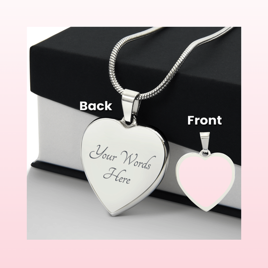 Engraved Heart Necklace with customizable pendant on adjustable snake chain, shown on gift box.